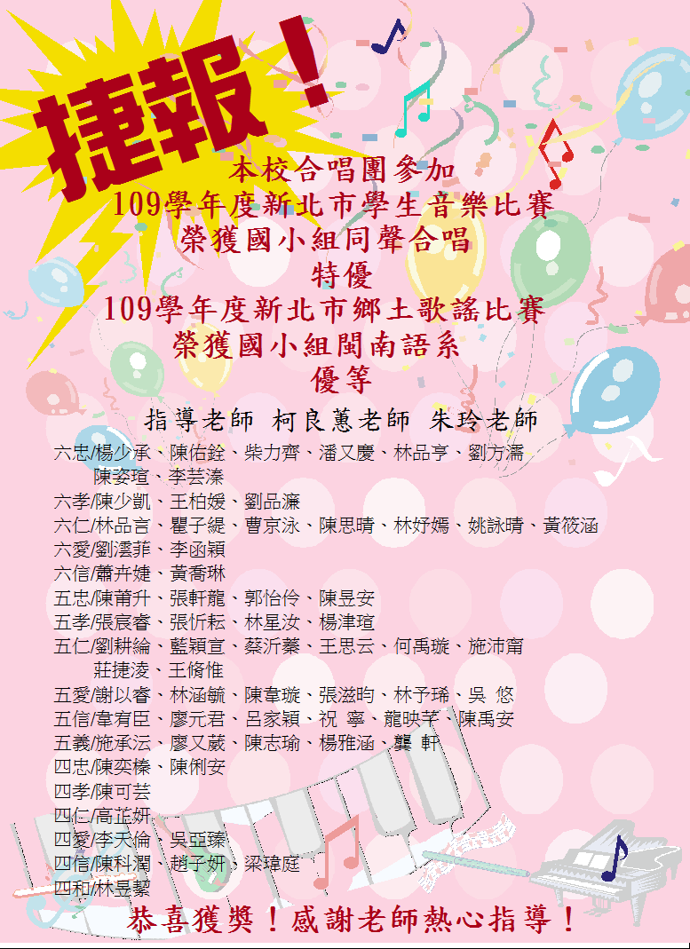 捷報！本校合唱團參加109學年度新北市學生音樂比賽，榮獲國小組同聲合唱特優！恭喜獲獎！感謝老師熱心指導！